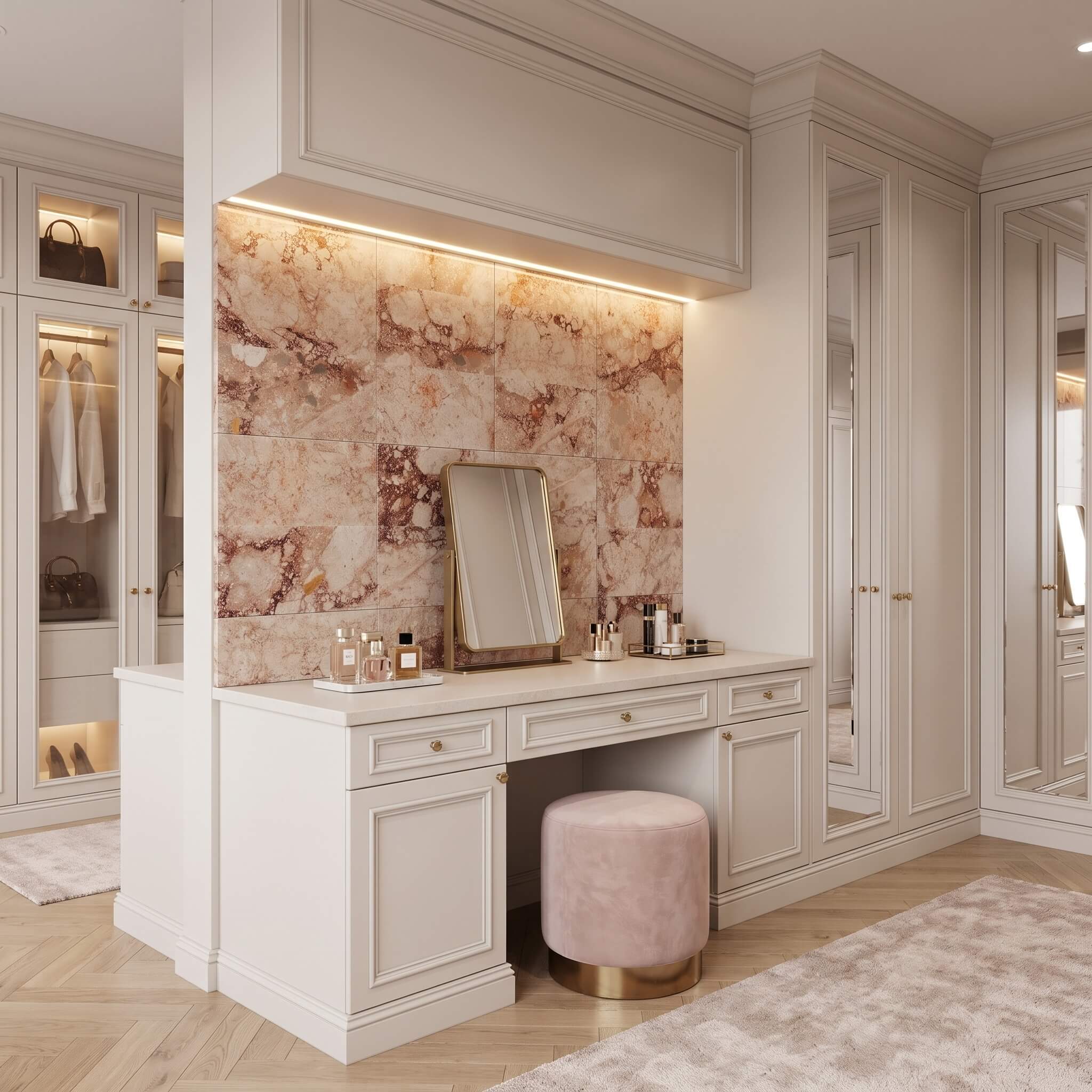 Vertical 12x24 Diamond Pink luxury tile backsplash in a custom walk-in closet vanity with a brass mirror and velvet stool.