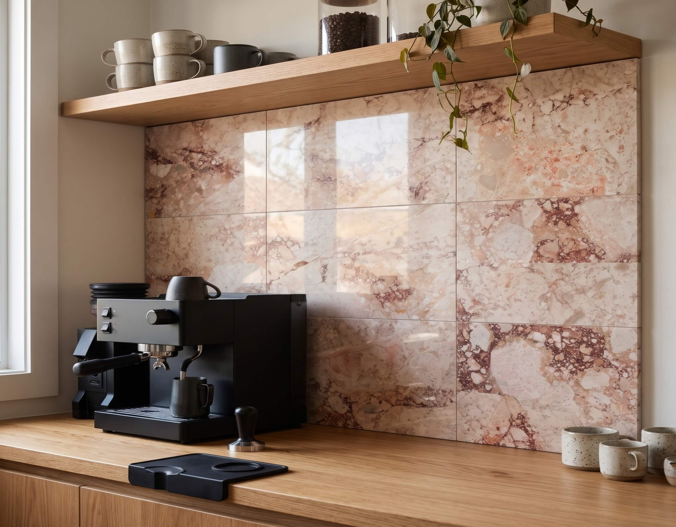 12x24 Diamond Pink polished breccia stone backsplash tile behind a matte black espresso machine and oak wood shelf.