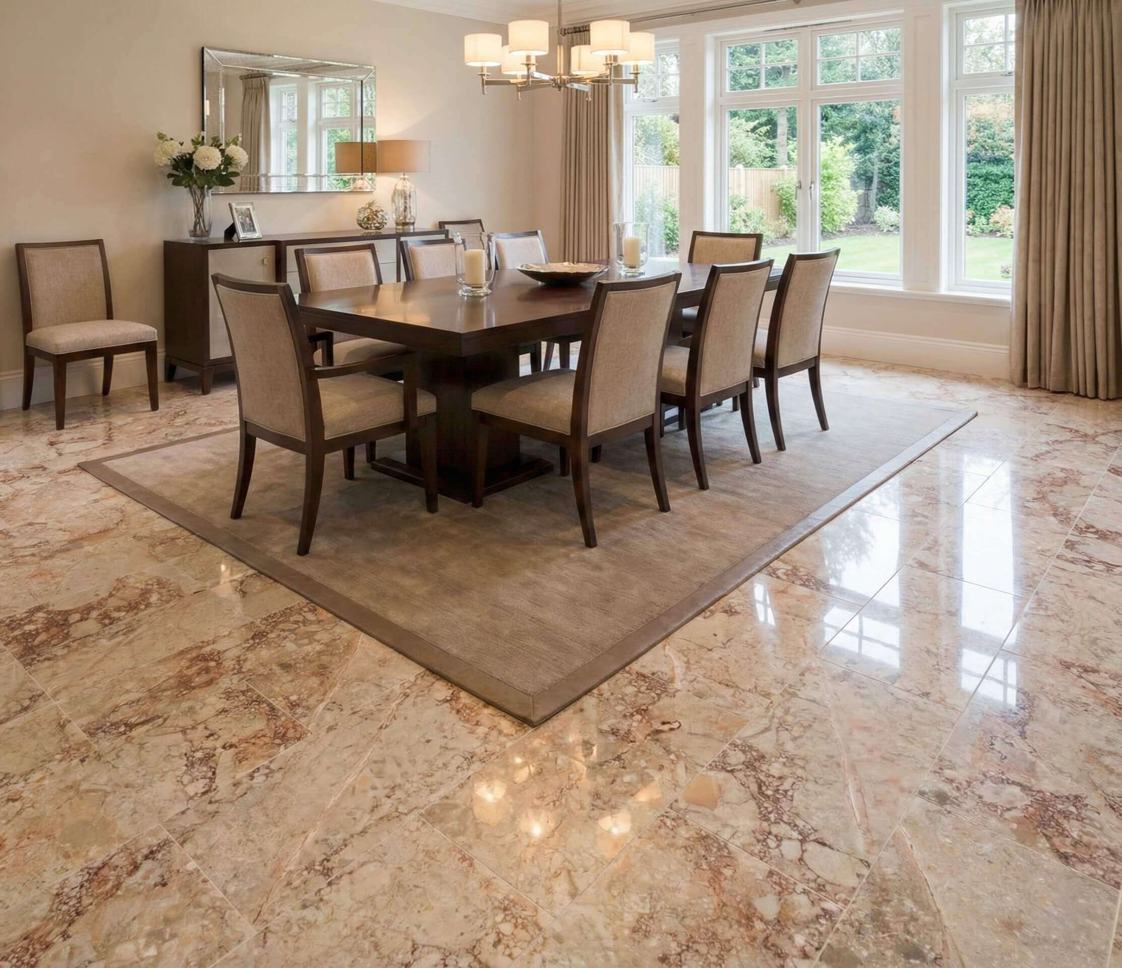 Polished 12x24 Diamond Pink natural marble stone floor tiles reflecting sunlit windows in a formal dining room.