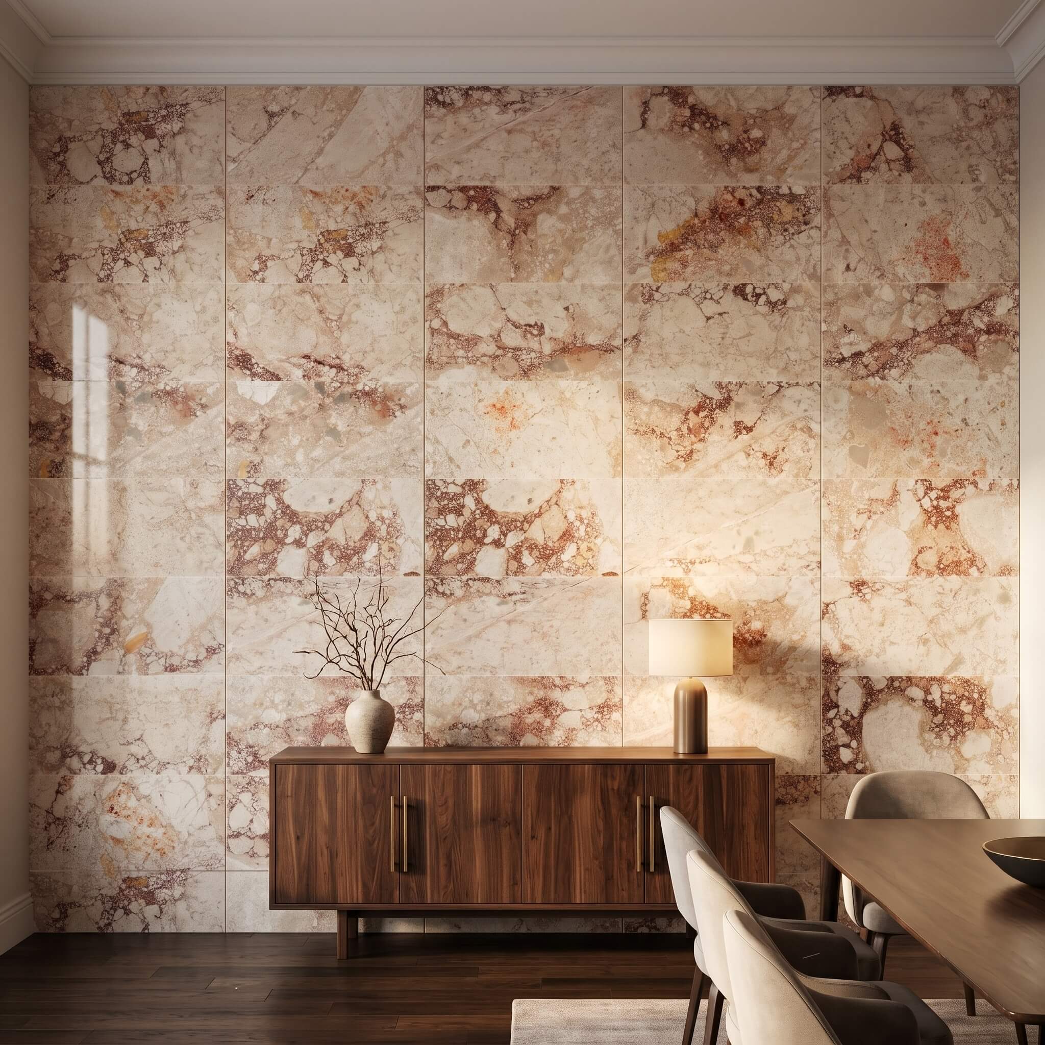 12x24 Diamond Pink polished pink marble stone tiles for walls behind a fluted walnut credenza in a dining room.