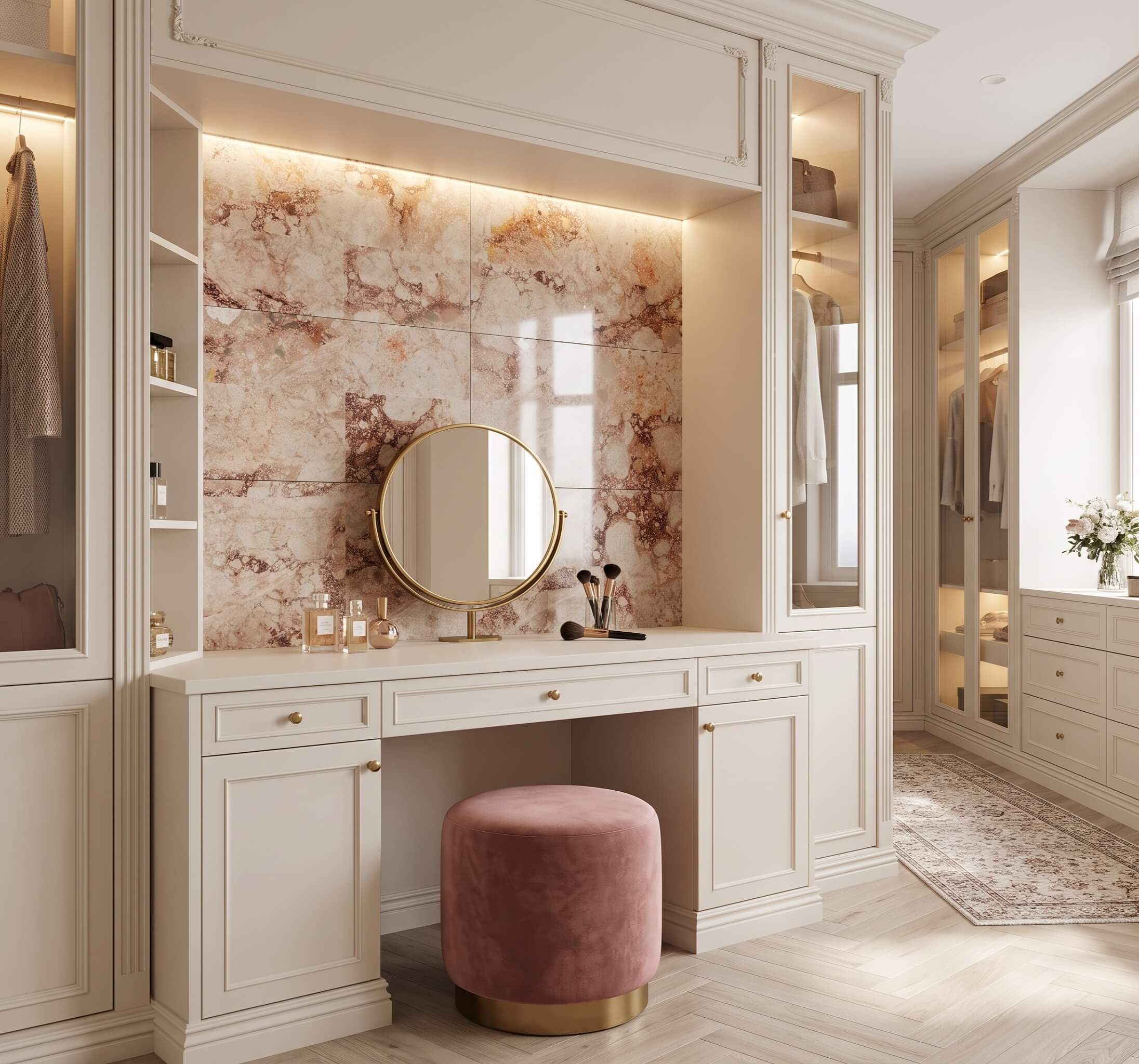 12x24 Diamond Pink designer marble tiles installed as a luxury tile backsplash in a bespoke walk-in closet vanity.