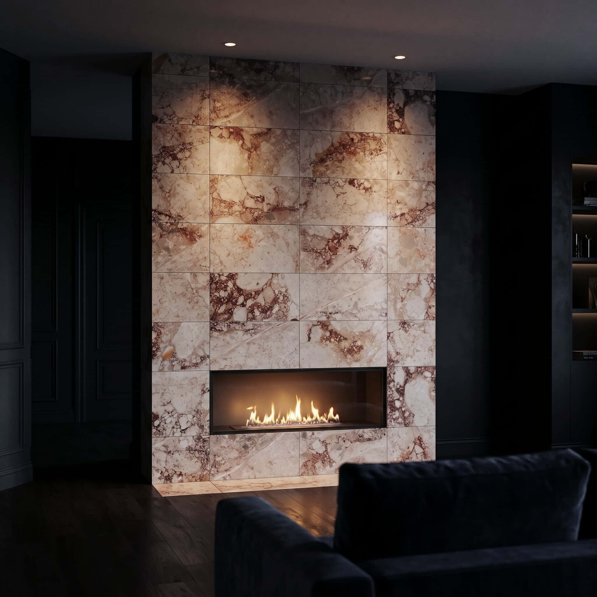 Floor-to-ceiling 12x24 Diamond Pink marble fireplace tile surround with polished breccia veins in a modern lounge.