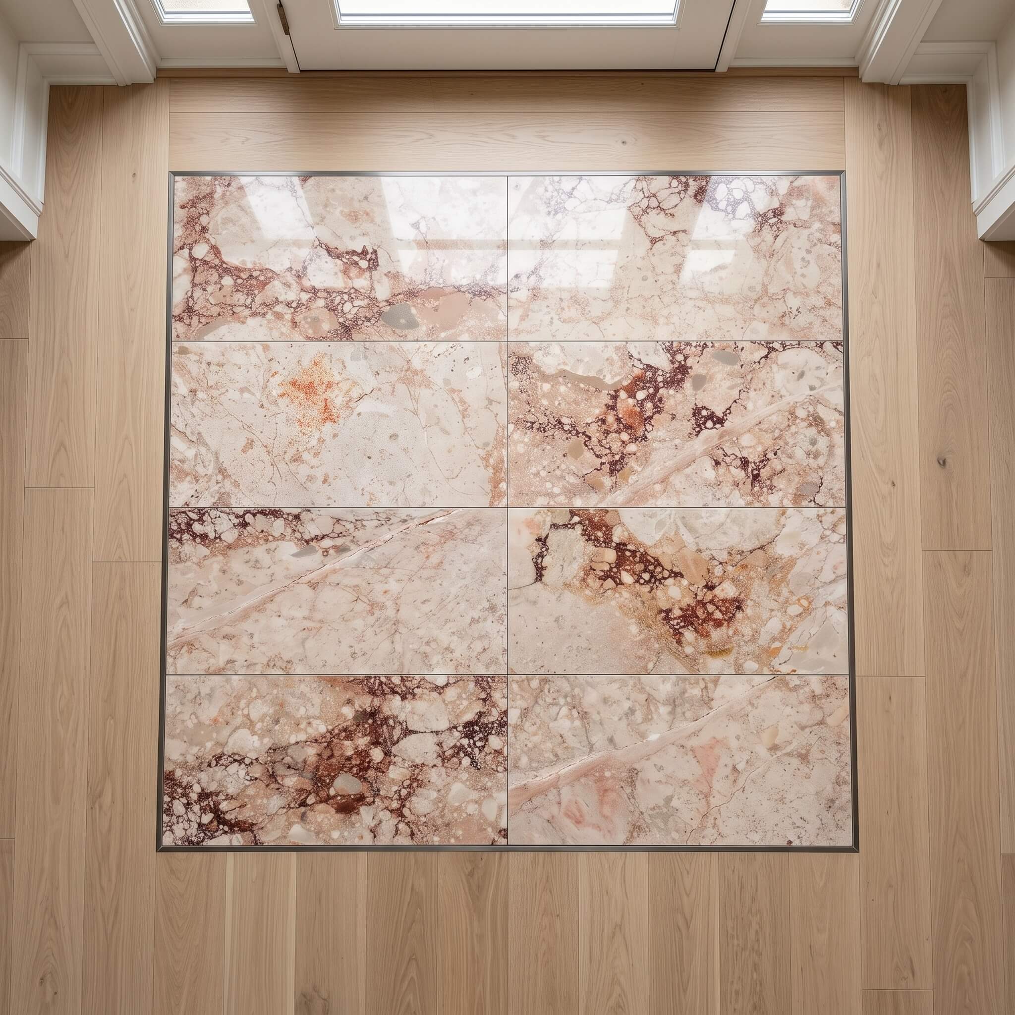 Overhead view of 12x24 Diamond Pink natural stone tile foyer floor medallion inlay framed by light oak wood flooring.