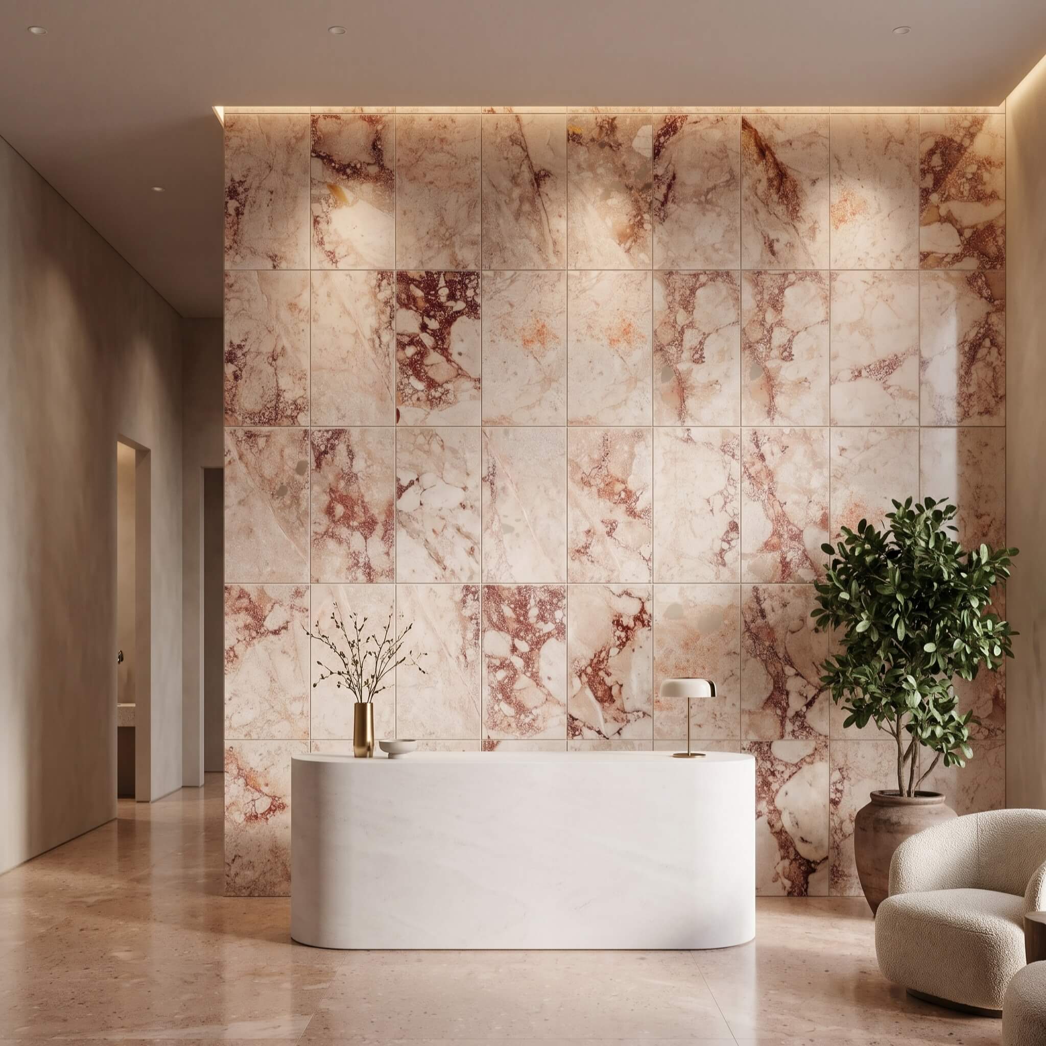 Vertical 12x24 Diamond Pink 20mm thick stone tiles creating a polished breccia marble reception wall in a lobby.