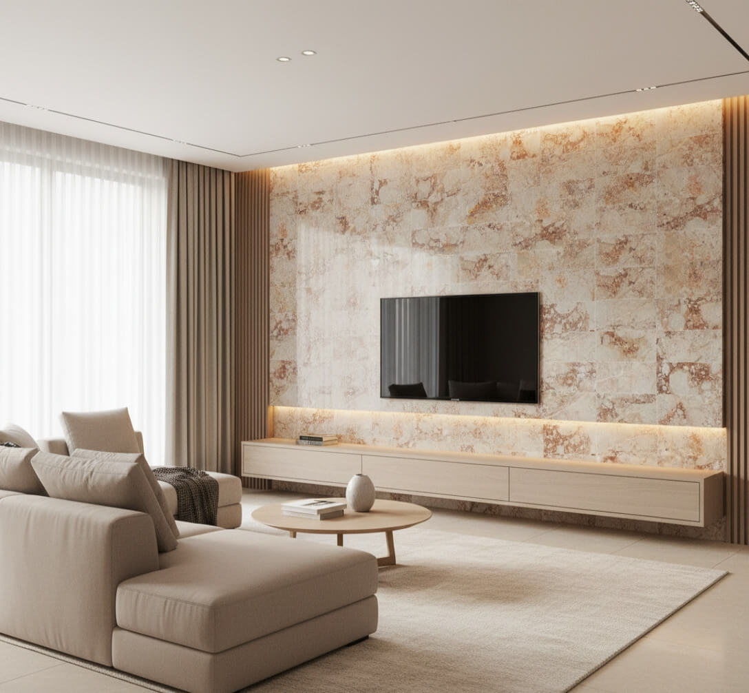 12x24 Diamond Pink polished breccia stone tiles for walls on an LED-lit living room TV wall with a floating oak console.