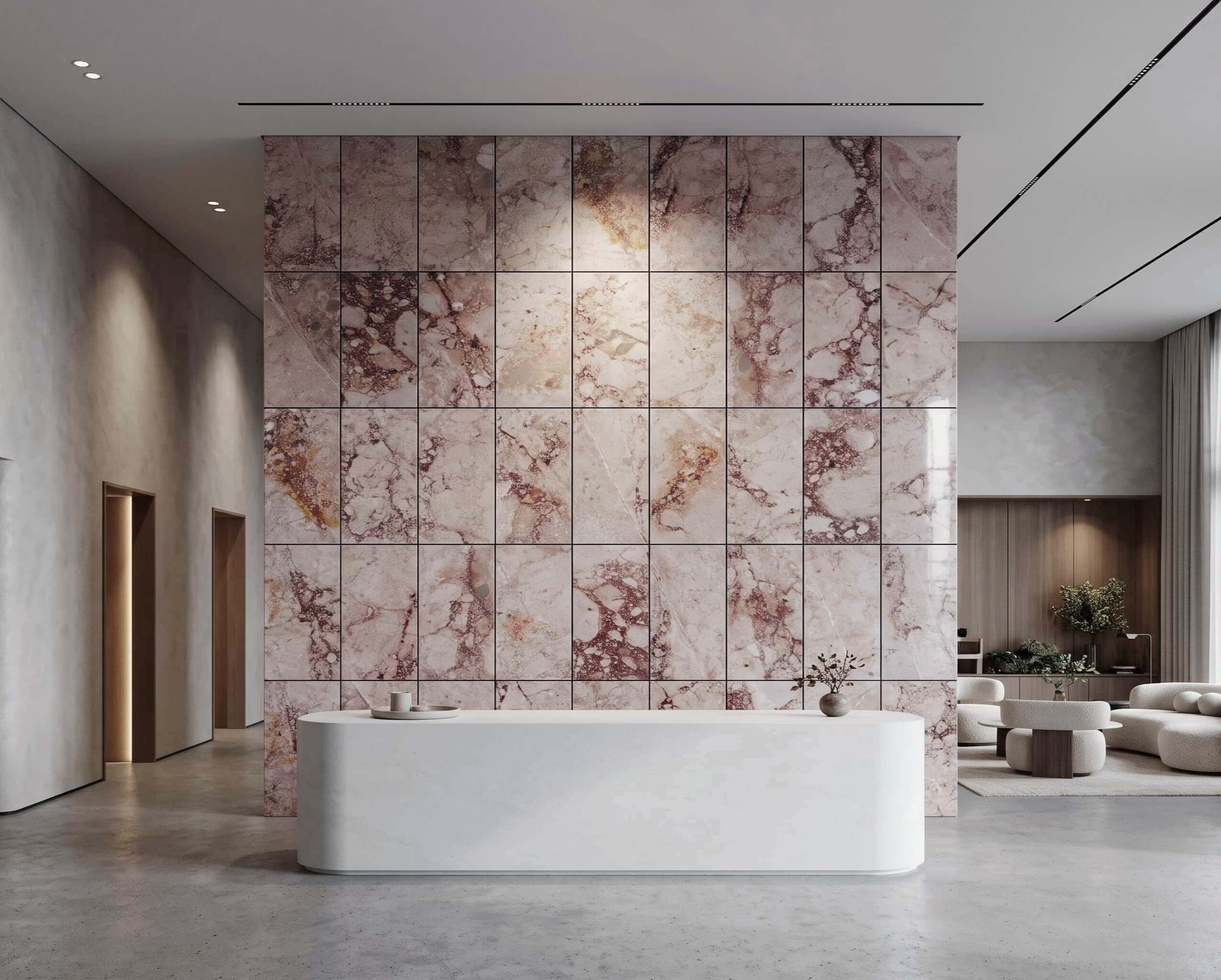 12x24 Diamond Pink designer marble tiles and 20mm thick stone tiles on a modern commercial lobby reception feature wall.