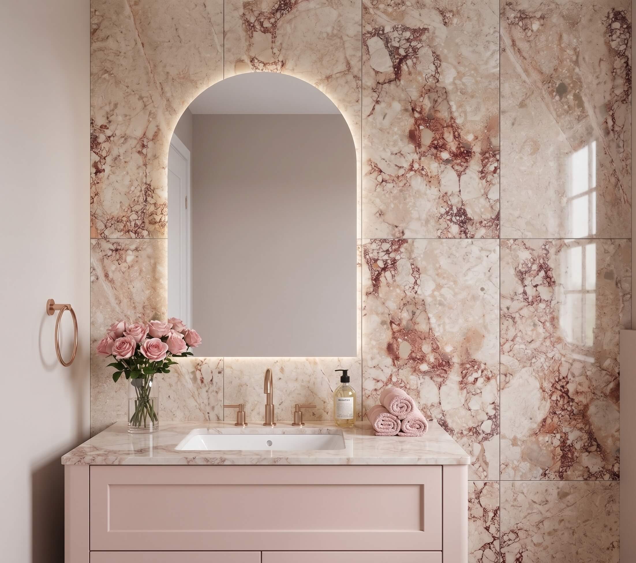 Close-up of 12x24 Diamond Pink marble tile for bathroom walls paired with a rose gold faucet and blush sink vanity.
