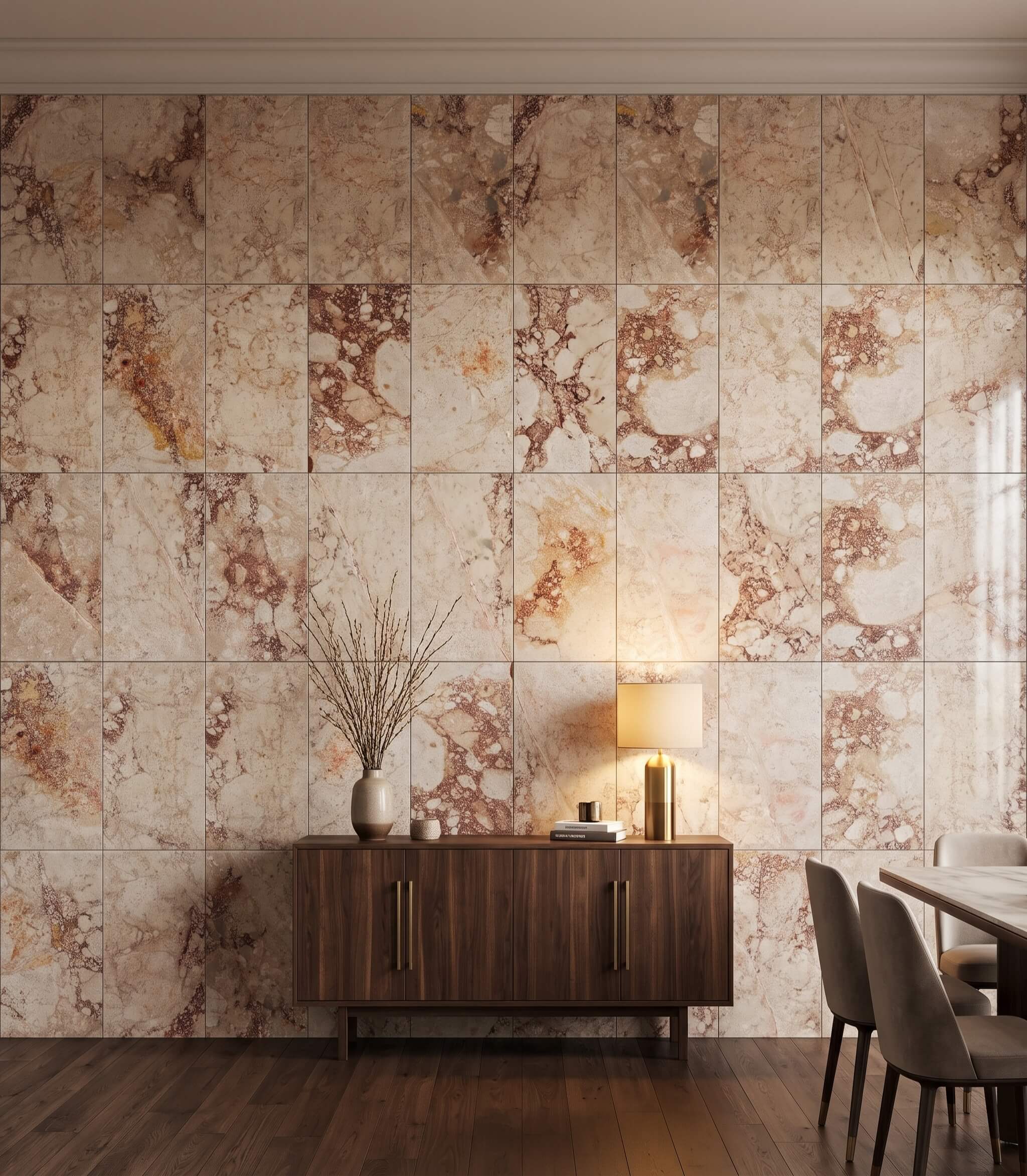 Vertical stack-bond 12x24 Diamond Pink natural stone for walls behind a walnut credenza and brass lamp in a dining room.
