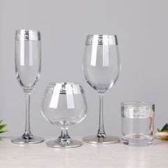 Luxury Silver Band Rim Greek Key Design Champagne Flute Brandy Highball Whiskey Wine Glass Drinkware Set Home Bar Barware,Wholesale Glassware & Custom Candle Jar Manufacturer | Ruixin Glass,Luxury Silver Band Rim Greek Key Design Champagne Flute Brandy Highball Whiskey Wine Glass Drinkware Set Home Bar Barware