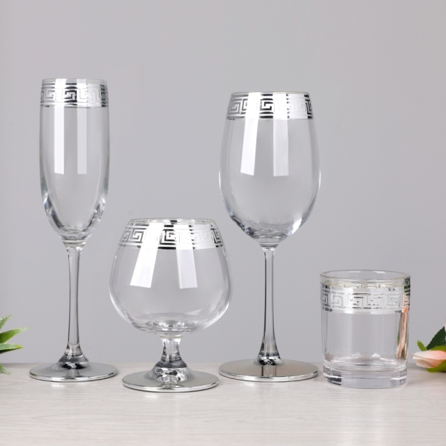 Luxury Silver Band Rim Greek Key Design Champagne Flute Brandy Highball Whiskey Wine Glass Drinkware Set Home Bar Barware,Wholesale Glassware & Custom Candle Jar Manufacturer | Ruixin Glass,Luxury Silver Band Rim Greek Key Design Champagne Flute Brandy Highball Whiskey Wine Glass Drinkware Set Home Bar Barware