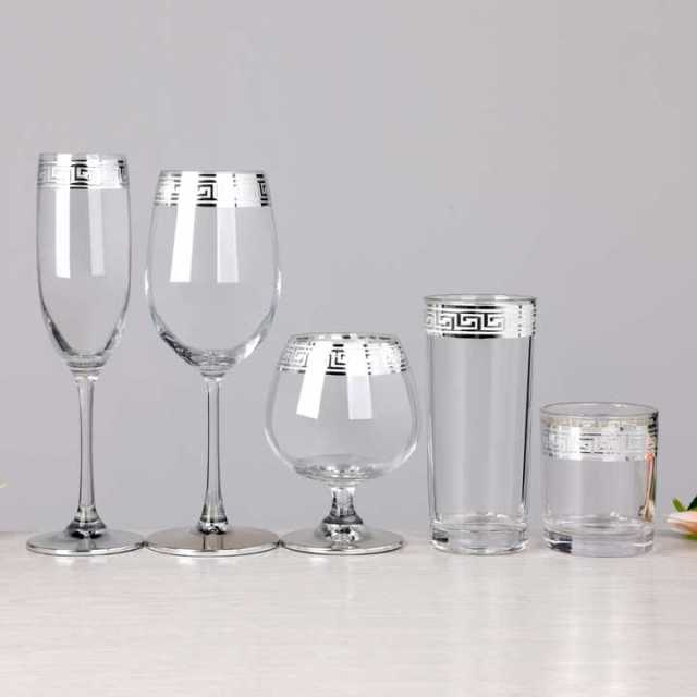 Luxury Silver Band Rim Greek Key Design Champagne Flute Brandy Highball Whiskey Wine Glass Drinkware Set Home Bar Barware,Wholesale Glassware & Custom Candle Jar Manufacturer | Ruixin Glass,Luxury Silver Band Rim Greek Key Design Champagne Flute Brandy Highball Whiskey Wine Glass Drinkware Set Home Bar Barware