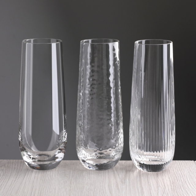 Custom Logo Unique Wedding bar Modern Ribbed Hammered Lead Free Crystal Stemless Prosecco Glassware Champagne Flutes Glasses,Fabricante Mayorista de Artículos de Vidrio y Tarros de Vela Personalizados | Ruixin Glass,Custom Logo Unique Wedding bar Modern Ribbed Hammered Lead Free Crystal Stemless Prosecco Glassware Champagne Flutes Glasses