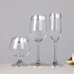 Luxury Silver Band Rim Greek Key Design Champagne Flute Brandy Highball Whiskey Wine Glass Drinkware Set Home Bar Barware,Wholesale Glassware & Custom Candle Jar Manufacturer | Ruixin Glass,Luxury Silver Band Rim Greek Key Design Champagne Flute Brandy Highball Whiskey Wine Glass Drinkware Set Home Bar Barware