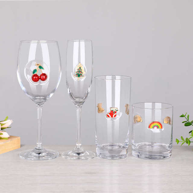 Metallic Affixed 3D Decorative Enamel Emblem Icon Attached Red Wine Drinking Champagne Flute Rocks Highball Collins Glass,Wholesale Glassware & Custom Candle Jar Manufacturer | Ruixin Glass,Metallic Affixed 3D Decorative Enamel Emblem Icon Attached Red Wine Drinking Champagne Flute Rocks Highball Collins Glass