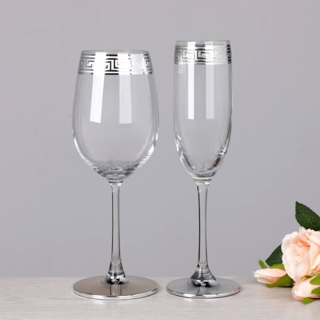 Luxury Silver Band Rim Greek Key Design Champagne Flute Brandy Highball Whiskey Wine Glass Drinkware Set Home Bar Barware,Wholesale Glassware & Custom Candle Jar Manufacturer | Ruixin Glass,Luxury Silver Band Rim Greek Key Design Champagne Flute Brandy Highball Whiskey Wine Glass Drinkware Set Home Bar Barware