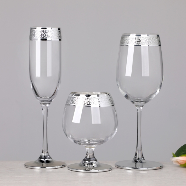 Silver Trim Platinum Rim Lead Free Crystal Champagne Flute Brandy Snifter Collins Old Fashioned Wine Glass Goblets Set,Großhandel Glaswaren & Hersteller von maßgefertigten Kerzengläsern | Ruixin Glass,Silver Trim Platinum Rim Lead Free Crystal Champagne Flute Brandy Snifter Collins Old Fashioned Wine Glass Goblets Set