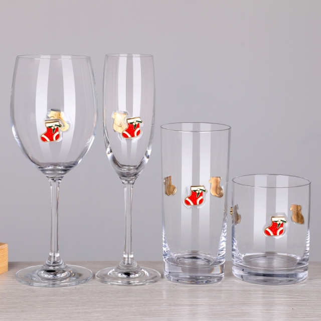 Metallic Affixed 3D Decorative Enamel Emblem Icon Attached Red Wine Drinking Champagne Flute Rocks Highball Collins Glass,Wholesale Glassware & Custom Candle Jar Manufacturer | Ruixin Glass,Metallic Affixed 3D Decorative Enamel Emblem Icon Attached Red Wine Drinking Champagne Flute Rocks Highball Collins Glass
