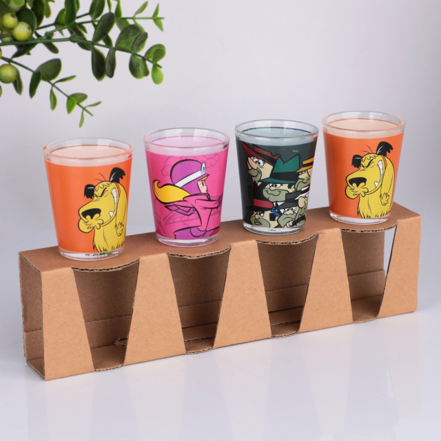 Wholesale Custom 1.5oz Shot Glass Set Retro Cartoon Elegant Print Tequila Vodka Cup Gift Box OEM Barware Bulk Factory,Оптовые поставки стеклянной посуды и производство индивидуальных свечных банок | Ruixin Glass,Wholesale Custom 1.5oz Shot Glass Set Retro Cartoon Elegant Print Tequila Vodka Cup Gift Box OEM Barware Bulk Factory