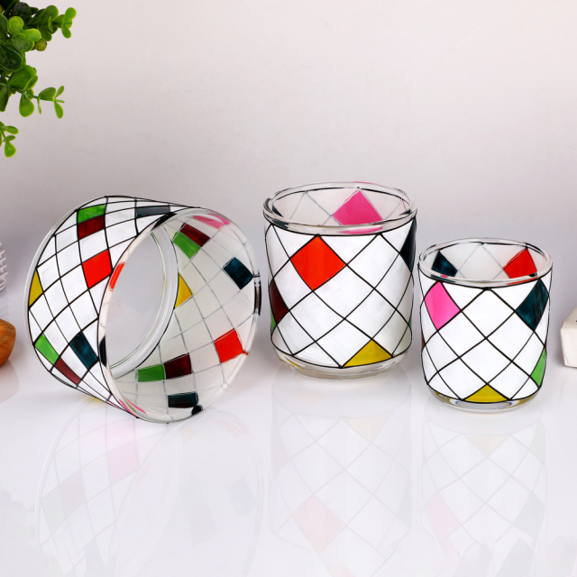 Wholesale Custom Stained Glass Effect Candle Holder Geometric Diamond Pattern Hand Painted Jar Wedding Home Decor Bulk,Оптовые поставки стеклянной посуды и производство индивидуальных свечных банок | Ruixin Glass,Wholesale Custom Stained Glass Effect Candle Holder Geometric Diamond Pattern Hand Painted Jar Wedding Home Decor Bulk