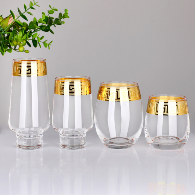 Wholesale Luxury Gold Rim Greek Key Glassware Set Custom Logo Highball Whiskey Stemless Wine Glass Cup for Hotel Wedding,卸売ガラス製品＆カスタムキャンドルジャー製造メーカー | Ruixin Glass,Wholesale Luxury Gold Rim Greek Key Glassware Set Custom Logo Highball Whiskey Stemless Wine Glass Cup for Hotel Wedding