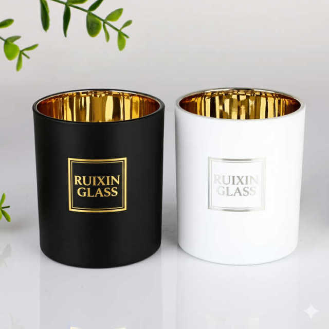 Wholesale Custom Logo Luxury Matte Black White Glass Candle Jars Gold Inside Electroplated Vessel With Wooden Lids Bulk,卸売ガラス製品＆カスタムキャンドルジャー製造メーカー | Ruixin Glass,Wholesale Custom Logo Luxury Matte Black White Glass Candle Jars Gold Inside Electroplated Vessel With Wooden Lids Bulk