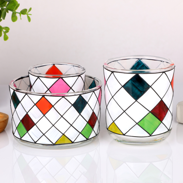 Wholesale Custom Stained Glass Effect Candle Holder Geometric Diamond Pattern Hand Painted Jar Wedding Home Decor Bulk,Оптовые поставки стеклянной посуды и производство индивидуальных свечных банок | Ruixin Glass,Wholesale Custom Stained Glass Effect Candle Holder Geometric Diamond Pattern Hand Painted Jar Wedding Home Decor Bulk