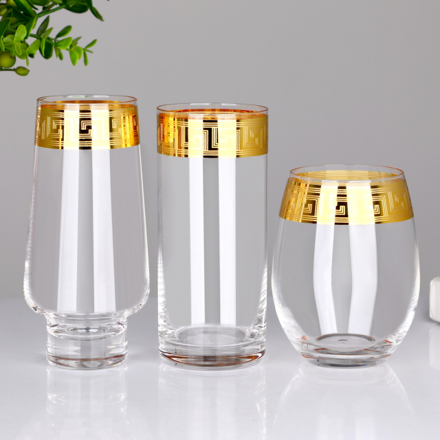 Wholesale Luxury Gold Rim Greek Key Glassware Set Custom Logo Highball Whiskey Stemless Wine Glass Cup for Hotel Wedding,卸売ガラス製品＆カスタムキャンドルジャー製造メーカー | Ruixin Glass,Wholesale Luxury Gold Rim Greek Key Glassware Set Custom Logo Highball Whiskey Stemless Wine Glass Cup for Hotel Wedding
