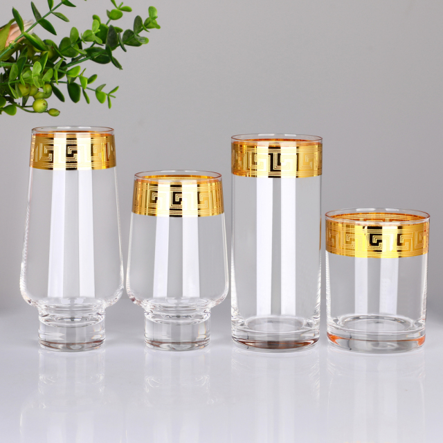 Wholesale Luxury Gold Rim Greek Key Glassware Set Custom Logo Highball Whiskey Stemless Wine Glass Cup for Hotel Wedding,卸売ガラス製品＆カスタムキャンドルジャー製造メーカー | Ruixin Glass,Wholesale Luxury Gold Rim Greek Key Glassware Set Custom Logo Highball Whiskey Stemless Wine Glass Cup for Hotel Wedding