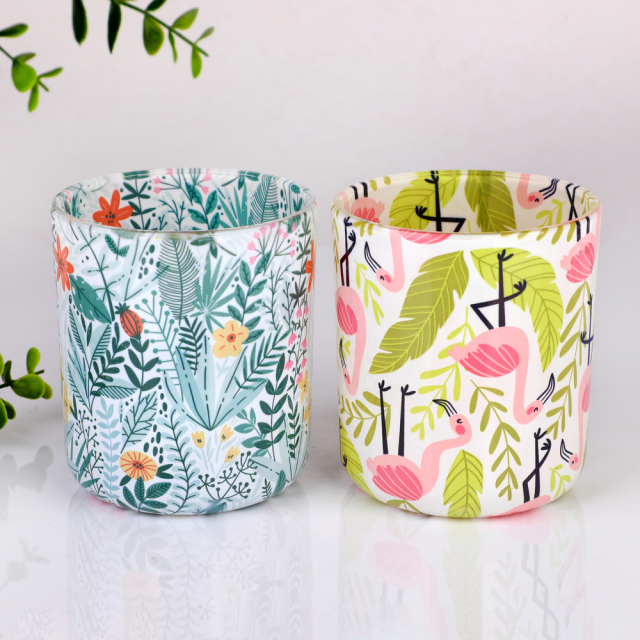 Wholesale Custom Decal Printed Glass Candle Jar Tumbler 17oz Nordic Tropical Flamingo Floral Pattern Bulk Gift Set OEM,卸売ガラス製品＆カスタムキャンドルジャー製造メーカー | Ruixin Glass,Wholesale Custom Decal Printed Glass Candle Jar Tumbler 17oz Nordic Tropical Flamingo Floral Pattern Bulk Gift Set OEM