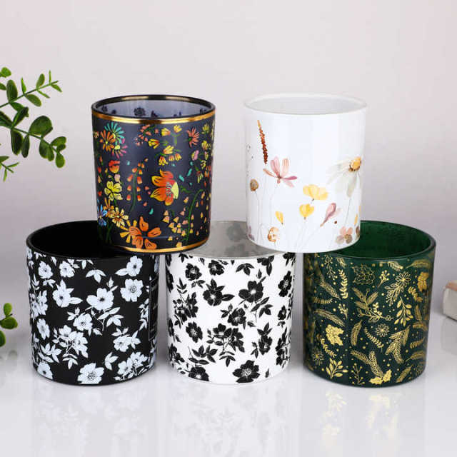 Custom Luxury Empty Glass Candle Jars Wholesale Bulk Floral Decal Gold Foil Printed Candle Vessels for Candle Making,卸売ガラス製品＆カスタムキャンドルジャー製造メーカー | Ruixin Glass,Custom Luxury Empty Glass Candle Jars Wholesale Bulk Floral Decal Gold Foil Printed Candle Vessels for Candle Making