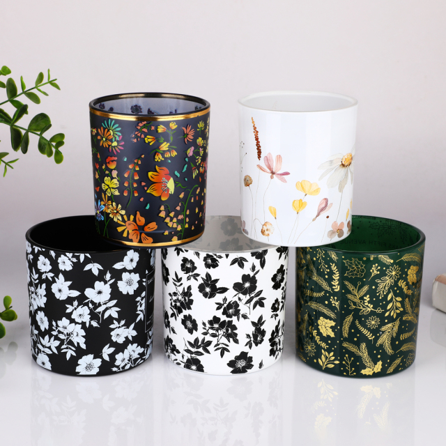 Custom Luxury Empty Glass Candle Jars Wholesale Bulk Floral Decal Gold Foil Printed Candle Vessels for Candle Making,卸売ガラス製品＆カスタムキャンドルジャー製造メーカー | Ruixin Glass,Custom Luxury Empty Glass Candle Jars Wholesale Bulk Floral Decal Gold Foil Printed Candle Vessels for Candle Making