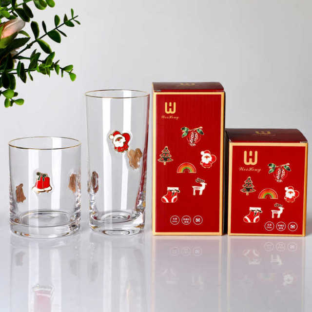 Wholesale Christmas Gift Glass Cup Set Gold Rim 3D Enamel Badge Highball Whiskey Tumbler Borosilicate Custom Logo Box,Оптовые поставки стеклянной посуды и производство индивидуальных свечных банок | Ruixin Glass,Wholesale Christmas Gift Glass Cup Set Gold Rim 3D Enamel Badge Highball Whiskey Tumbler Borosilicate Custom Logo Box