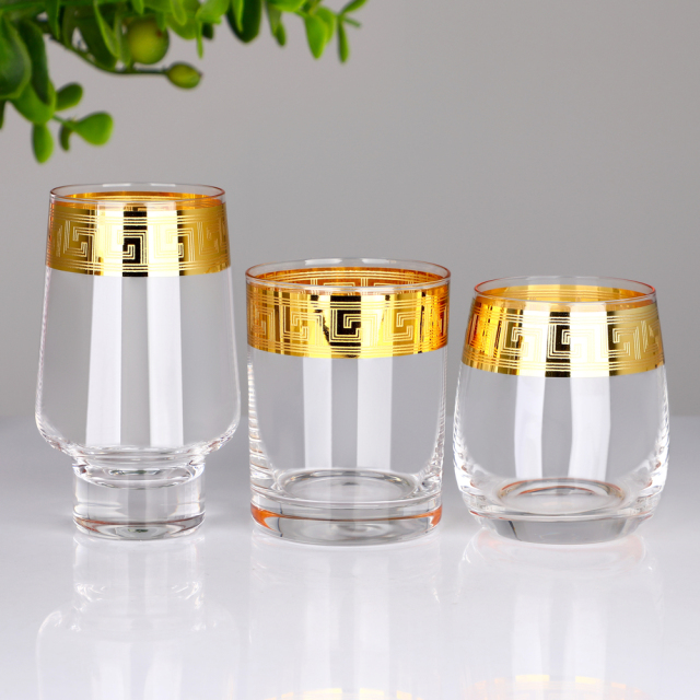 Wholesale Luxury Gold Rim Greek Key Glassware Set Custom Logo Highball Whiskey Stemless Wine Glass Cup for Hotel Wedding,卸売ガラス製品＆カスタムキャンドルジャー製造メーカー | Ruixin Glass,Wholesale Luxury Gold Rim Greek Key Glassware Set Custom Logo Highball Whiskey Stemless Wine Glass Cup for Hotel Wedding