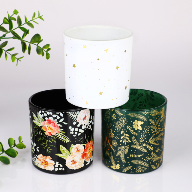 Custom Luxury Empty Glass Candle Jars Wholesale Bulk Floral Decal Gold Foil Printed Candle Vessels for Candle Making,卸売ガラス製品＆カスタムキャンドルジャー製造メーカー | Ruixin Glass,Custom Luxury Empty Glass Candle Jars Wholesale Bulk Floral Decal Gold Foil Printed Candle Vessels for Candle Making