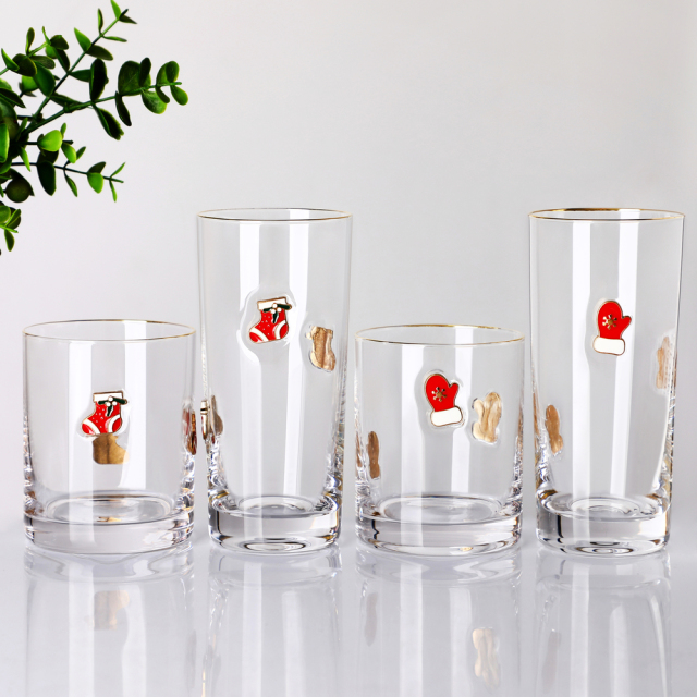 Wholesale Christmas Gift Glass Cup Set Gold Rim 3D Enamel Badge ...