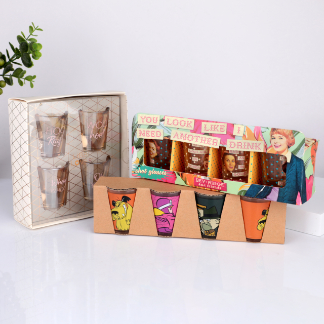 Wholesale Custom 1.5oz Shot Glass Set Retro Cartoon Elegant Print Tequila Vodka Cup Gift Box OEM Barware Bulk Factory,Оптовые поставки стеклянной посуды и производство индивидуальных свечных банок | Ruixin Glass,Wholesale Custom 1.5oz Shot Glass Set Retro Cartoon Elegant Print Tequila Vodka Cup Gift Box OEM Barware Bulk Factory