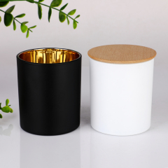 Wholesale Custom Logo Luxury Matte Black White Glass Candle Jars Gold Inside Electroplated Vessel With Wooden Lids Bulk,卸売ガラス製品＆カスタムキャンドルジャー製造メーカー | Ruixin Glass,Wholesale Custom Logo Luxury Matte Black White Glass Candle Jars Gold Inside Electroplated Vessel With Wooden Lids Bulk