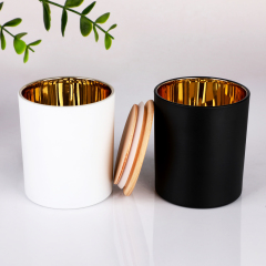 Wholesale Custom Logo Luxury Matte Black White Glass Candle Jars Gold Inside Electroplated Vessel With Wooden Lids Bulk,卸売ガラス製品＆カスタムキャンドルジャー製造メーカー | Ruixin Glass,Wholesale Custom Logo Luxury Matte Black White Glass Candle Jars Gold Inside Electroplated Vessel With Wooden Lids Bulk
