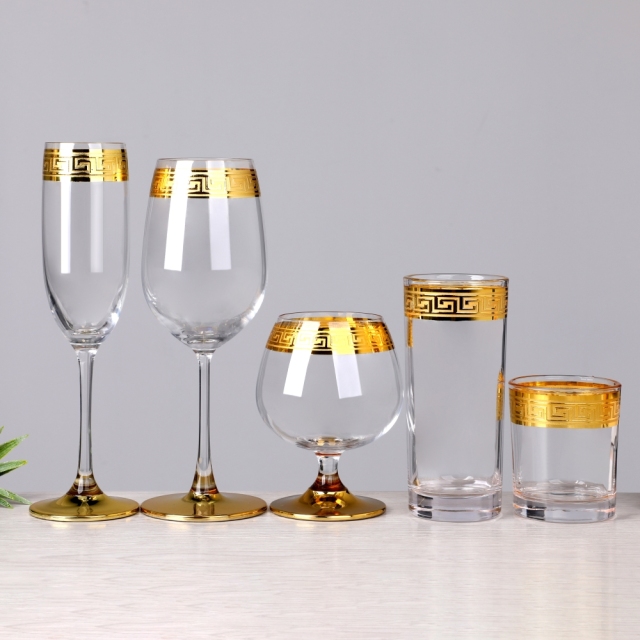 Heavy Bottom Greek Key Gold Rim Champagne Flutes Brandy Snifters Highball Rocks Whiskey Red Wine Drinking Glass,Fabricante de Artigos de Vidro por Atacado & Frascos para Velas Personalizados | Ruixin Glass,Heavy Bottom Greek Key Gold Rim Champagne Flutes Brandy Snifters Highball Rocks Whiskey Red Wine Drinking Glass