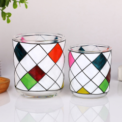 Wholesale Custom Stained Glass Effect Candle Holder Geometric Diamond Pattern Hand Painted Jar Wedding Home Decor Bulk,Оптовые поставки стеклянной посуды и производство индивидуальных свечных банок | Ruixin Glass,Wholesale Custom Stained Glass Effect Candle Holder Geometric Diamond Pattern Hand Painted Jar Wedding Home Decor Bulk