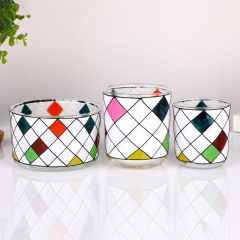 Wholesale Custom Stained Glass Effect Candle Holder Geometric Diamond Pattern Hand Painted Jar Wedding Home Decor Bulk,Оптовые поставки стеклянной посуды и производство индивидуальных свечных банок | Ruixin Glass,Wholesale Custom Stained Glass Effect Candle Holder Geometric Diamond Pattern Hand Painted Jar Wedding Home Decor Bulk