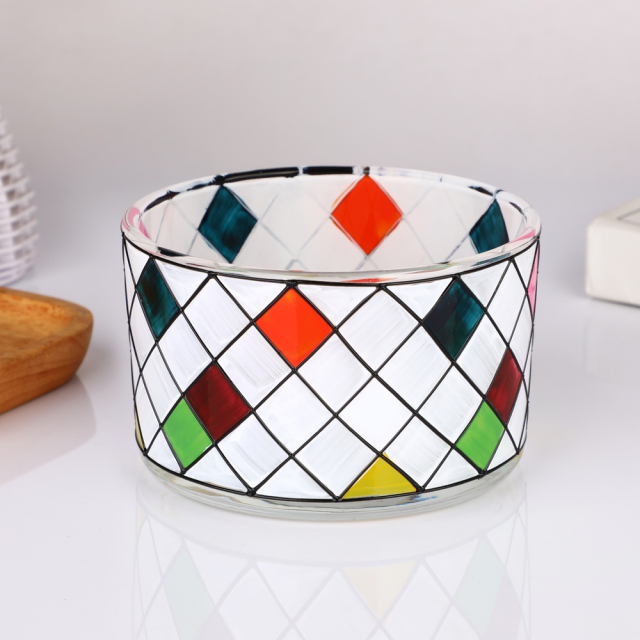 Wholesale Custom Stained Glass Effect Candle Holder Geometric Diamond Pattern Hand Painted Jar Wedding Home Decor Bulk,Оптовые поставки стеклянной посуды и производство индивидуальных свечных банок | Ruixin Glass,Wholesale Custom Stained Glass Effect Candle Holder Geometric Diamond Pattern Hand Painted Jar Wedding Home Decor Bulk
