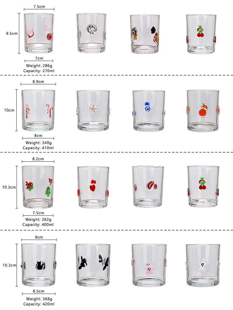 Dimensions and capacities of in-stock 3D decal whiskey glasses