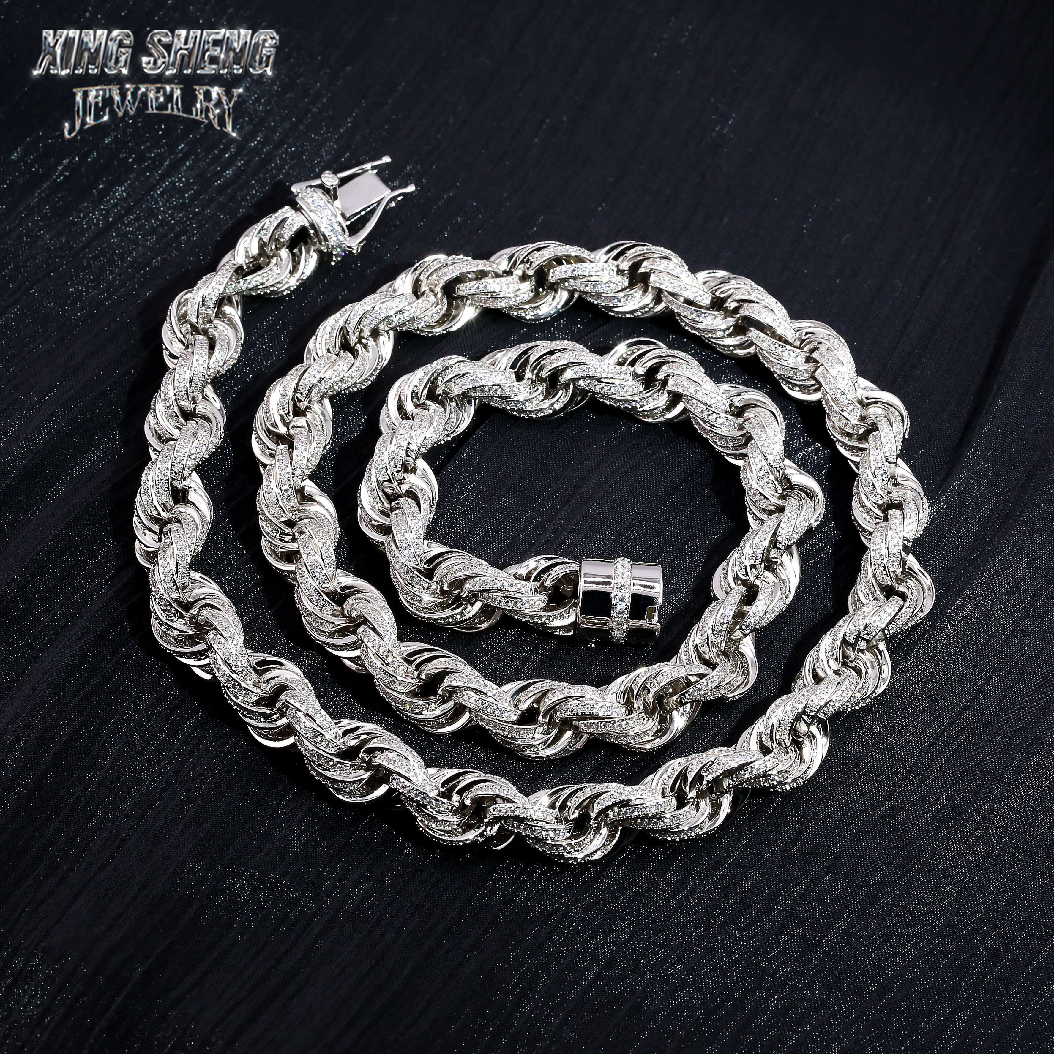Pass Diamond Tester 10mm 925 Silver Luxury Hip Hop Full With Iced Out VVS1 Moissanite Diamond Rope Chain Men