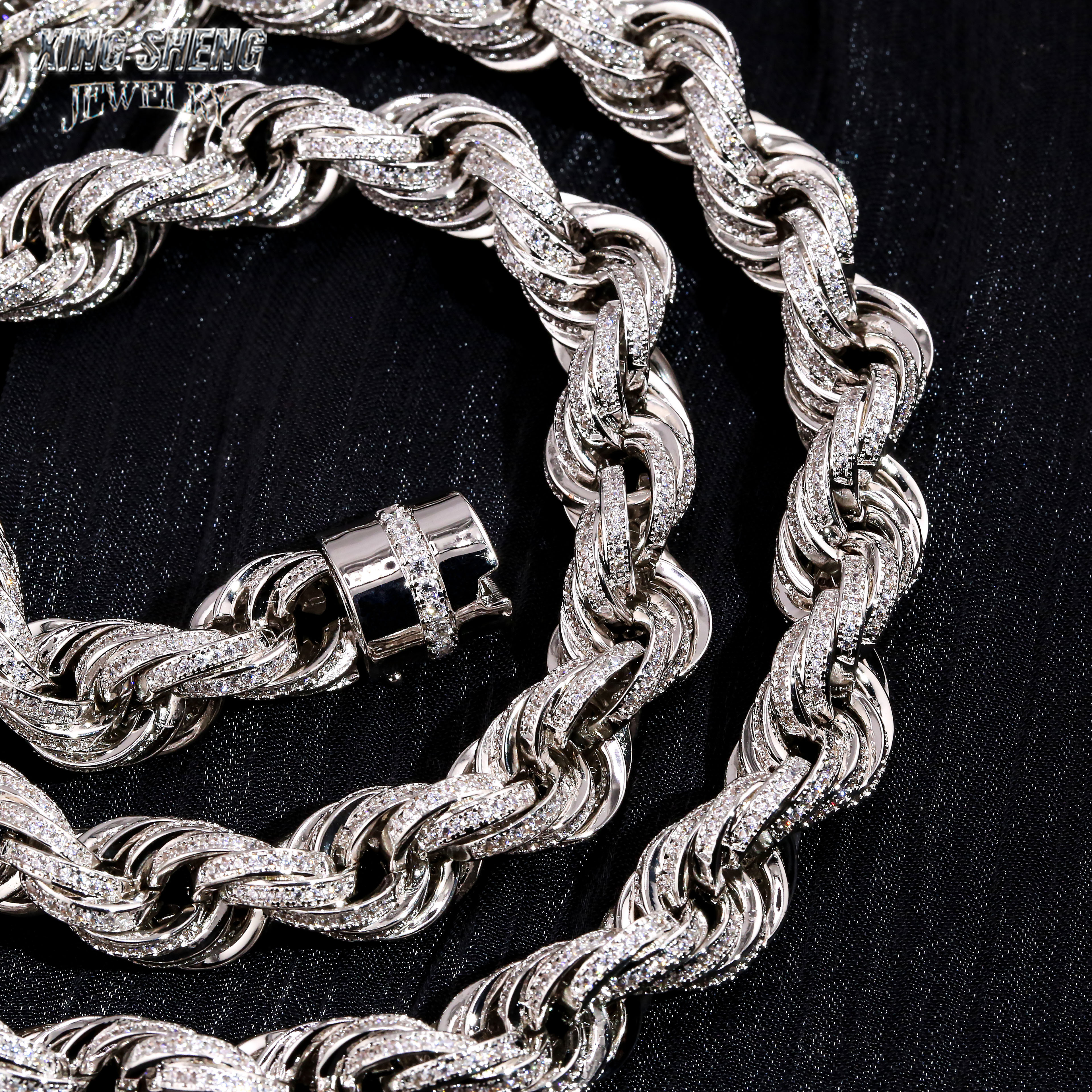 Pass Diamond Tester 10mm 925 Silver Luxury Hip Hop Full With Iced Out VVS1 Moissanite Diamond Rope Chain Men