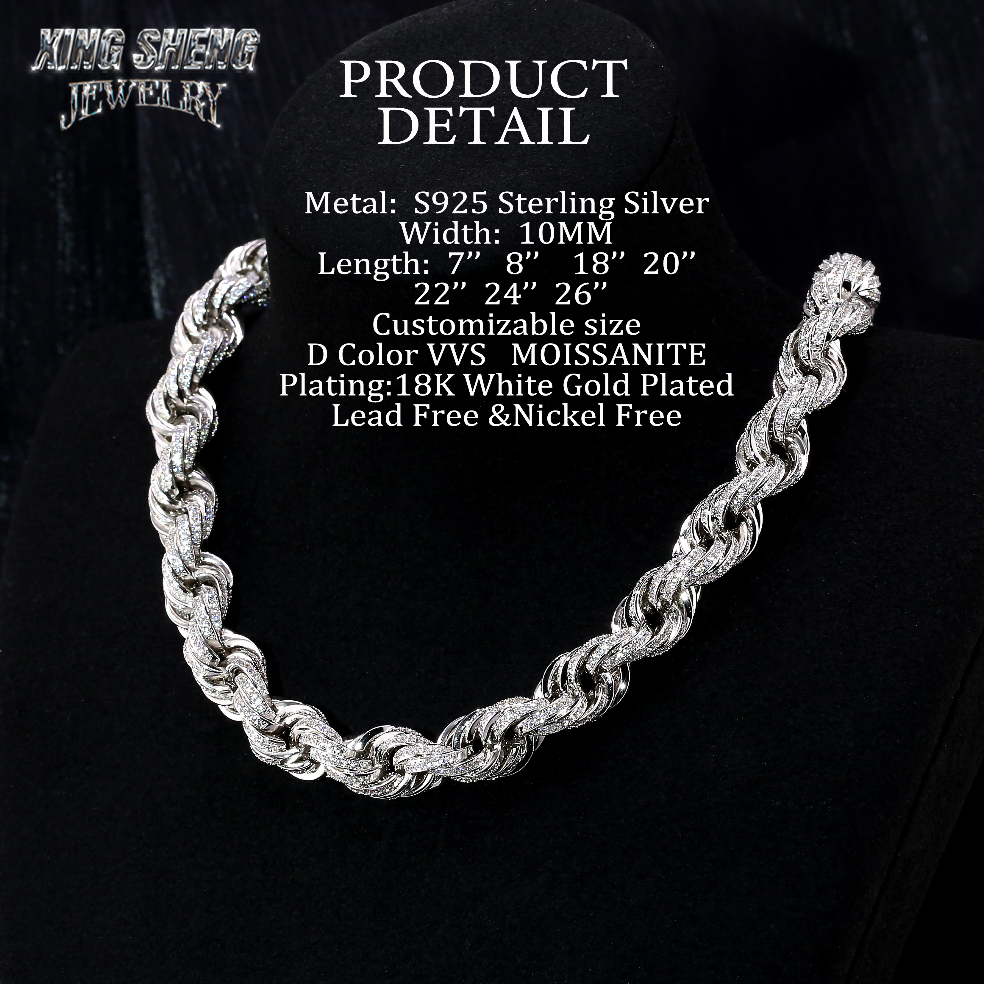 Pass Diamond Tester 10mm 925 Silver Luxury Hip Hop Full With Iced Out VVS1 Moissanite Diamond Rope Chain Men