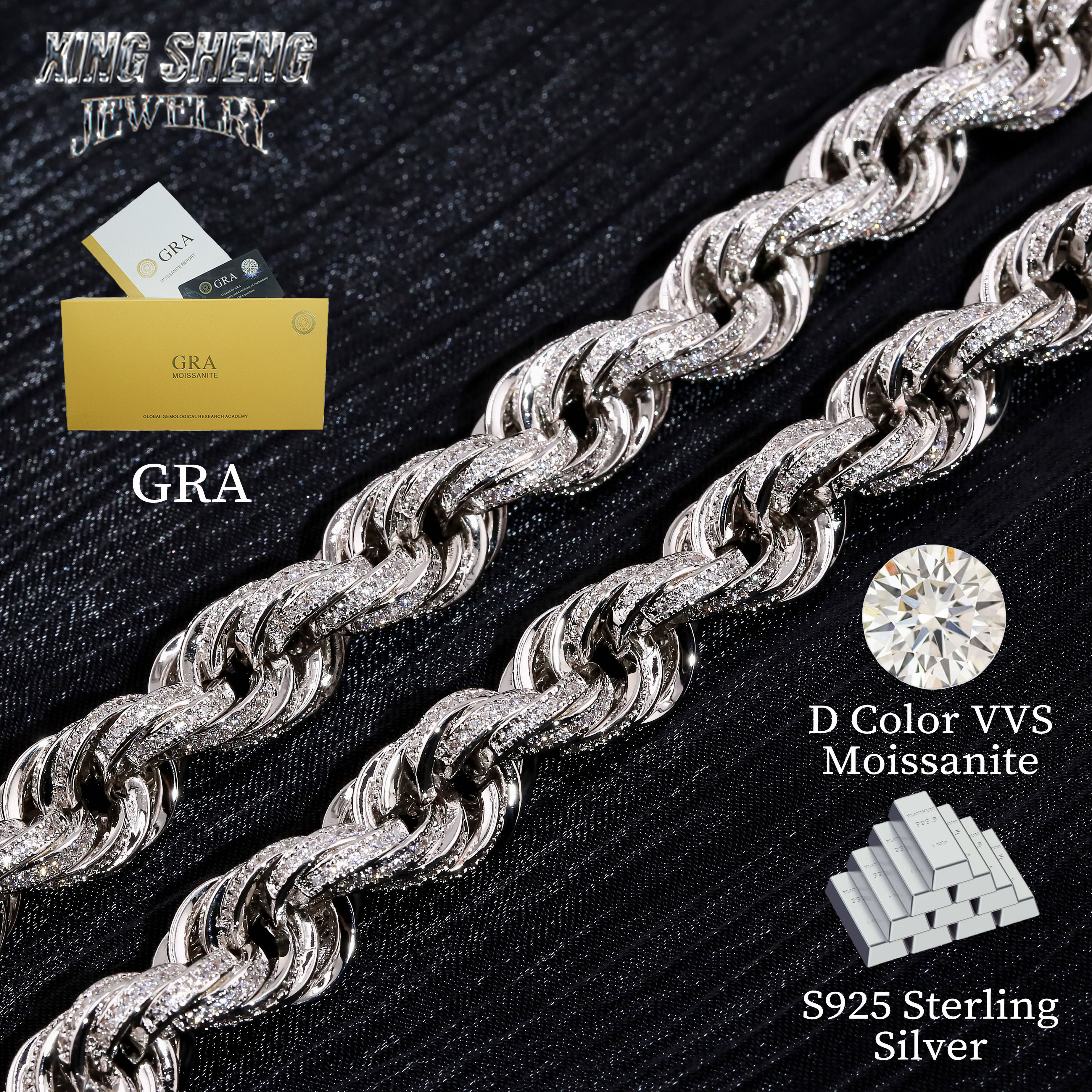 Pass Diamond Tester 10mm 925 Silver Luxury Hip Hop Full With Iced Out VVS1 Moissanite Diamond Rope Chain Men