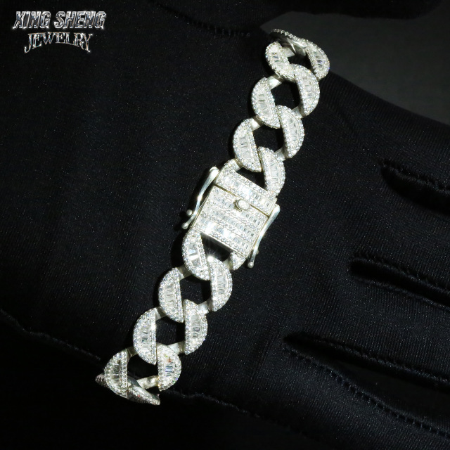 New Arrivals Fashion Popular Box Clasp S925 12mm Thin Iced Out Hip Hop VVS1 Baguette Moissanite Diamond Miami Cuban Link Men