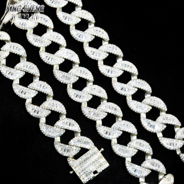 New Arrivals Fashion Popular Box Clasp S925 12mm Thin Iced Out Hip Hop VVS1 Baguette Moissanite Diamond Miami Cuban Link Men