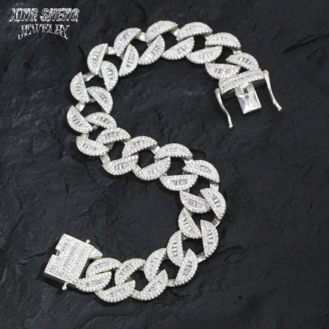 New Arrivals Fashion Popular Box Clasp S925 12mm Thin Iced Out Hip Hop VVS1 Baguette Moissanite Diamond Miami Cuban Link Men